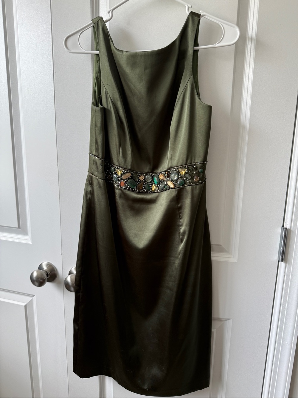 Adrianna Papell Olive Satin Midi Dress with Jeweled Waistband